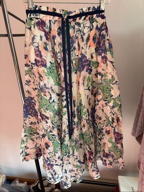 Floral Midi Skirt with Navy Trim